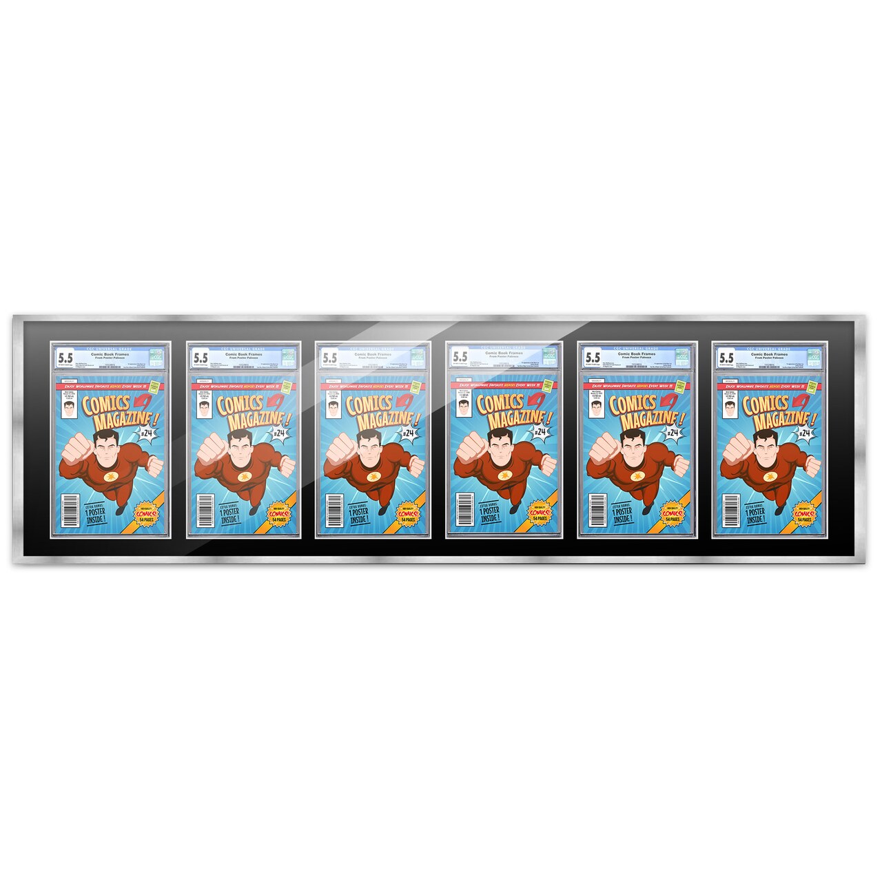 Comic Book Display Frame for CGC, PGX Graded, Slabed Comics - Silver Wood Comic Frame With Black Mat for 8.125x13 Comics, 18 Frame Sizes